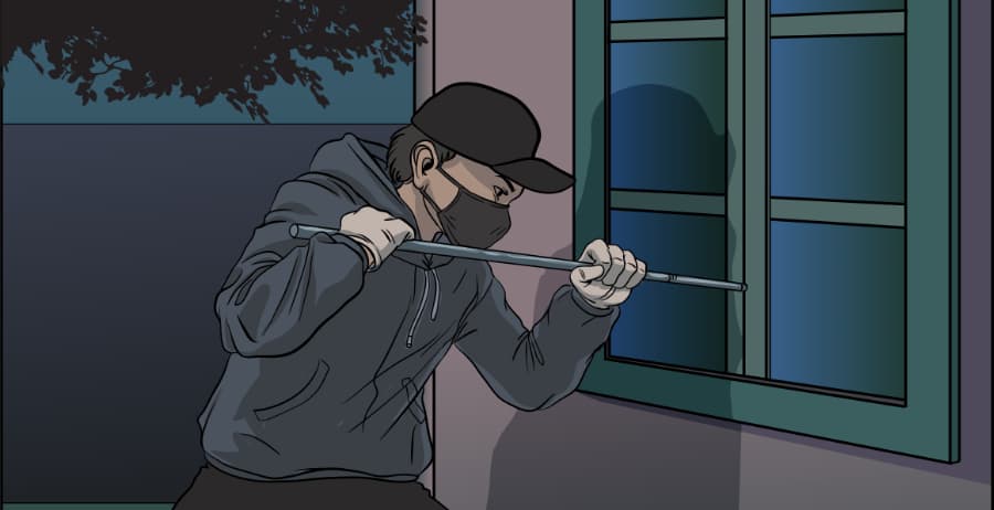 Illustration of burglar forcing entry through a window in Toledo